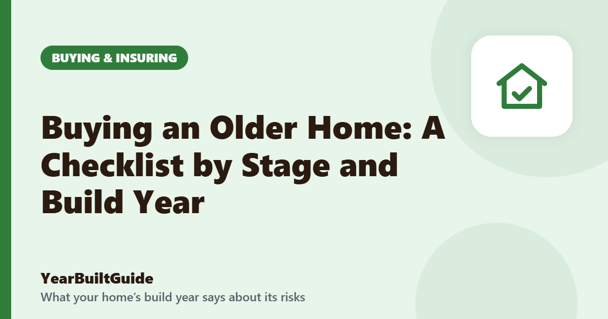 Illustration with the title "Buying an Older Home: A Checklist by Stage and Build Year" and the buying & insuring icon