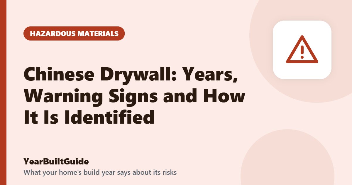 Illustration with the title "Chinese Drywall: Years, Warning Signs and How It Is Identified" and the hazardous materials icon