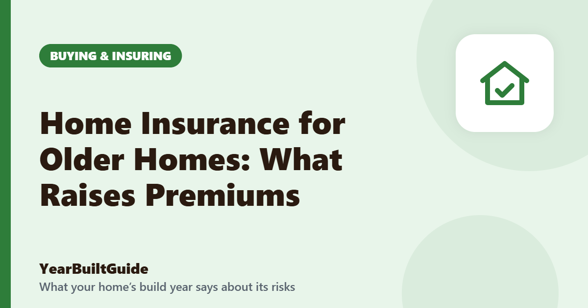Illustration with the title "Home Insurance for Older Homes: What Raises Premiums" and the buying & insuring icon
