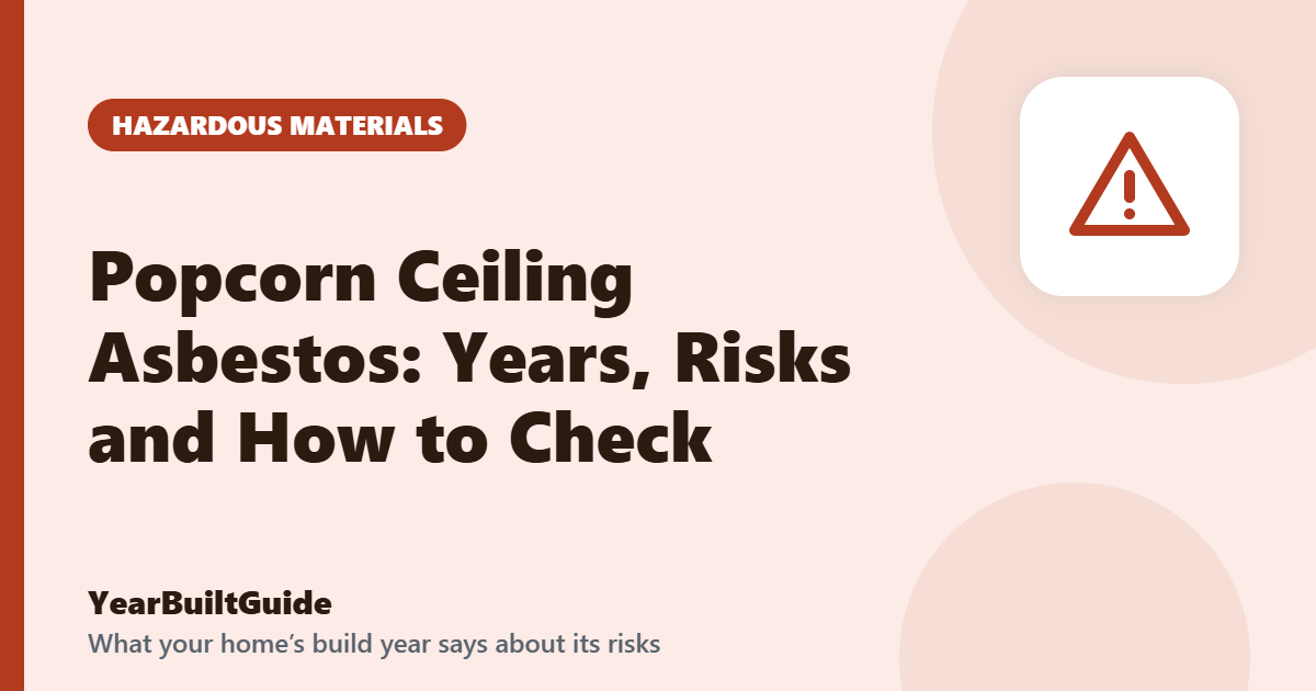 Illustration with the title "Popcorn Ceiling Asbestos: Years, Risks and How to Check" and the hazardous materials icon