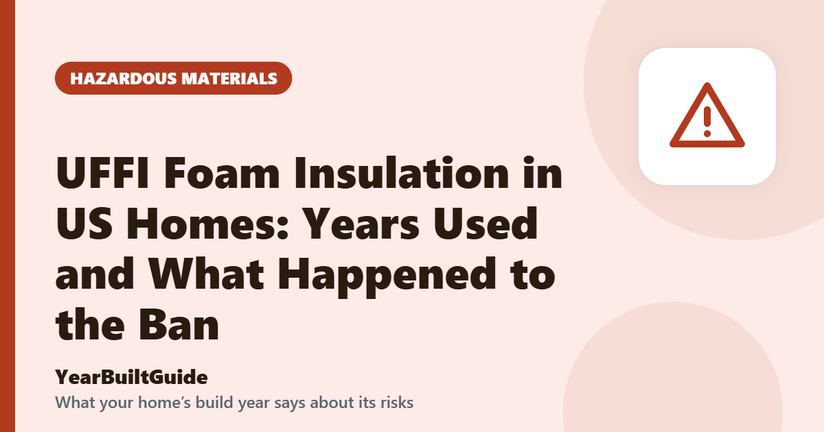 Illustration with the title "UFFI Foam Insulation in US Homes: Years Used and What Happened to the Ban" and the hazardous materials icon