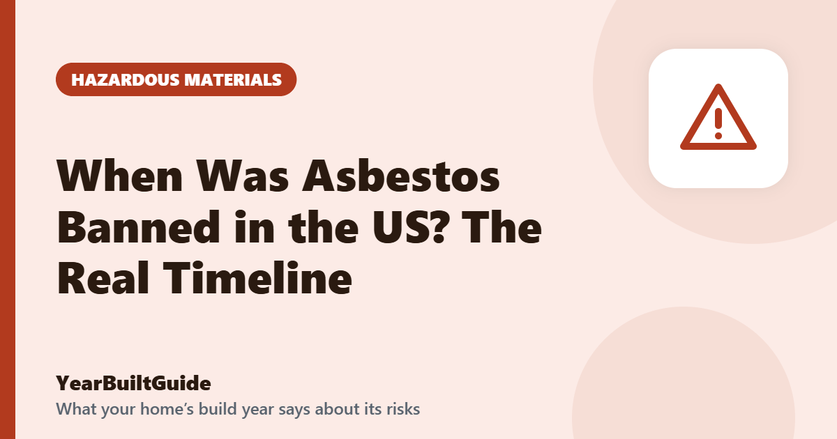 Illustration with the title "When Was Asbestos Banned in the US? The Real Timeline" and the hazardous materials icon